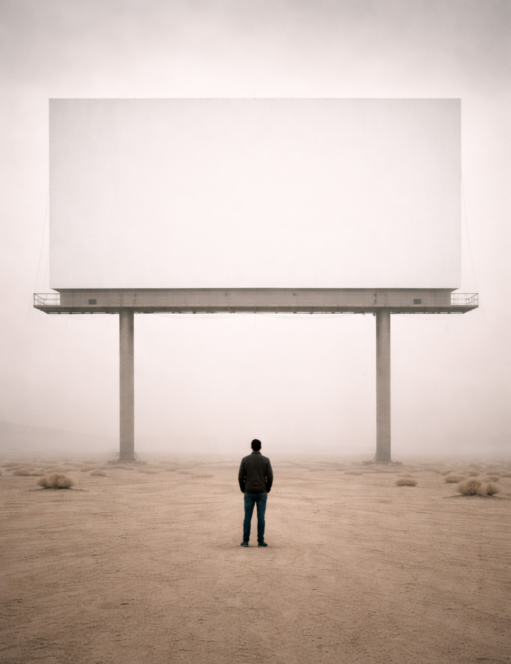 A lone figure standing before a blank billboard in an empty desert