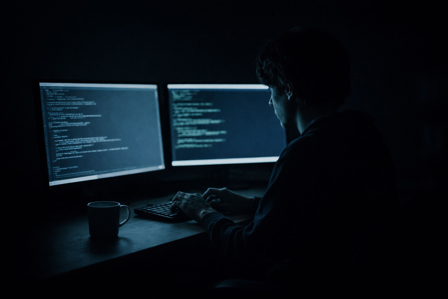 Developer at desk with multiple monitors