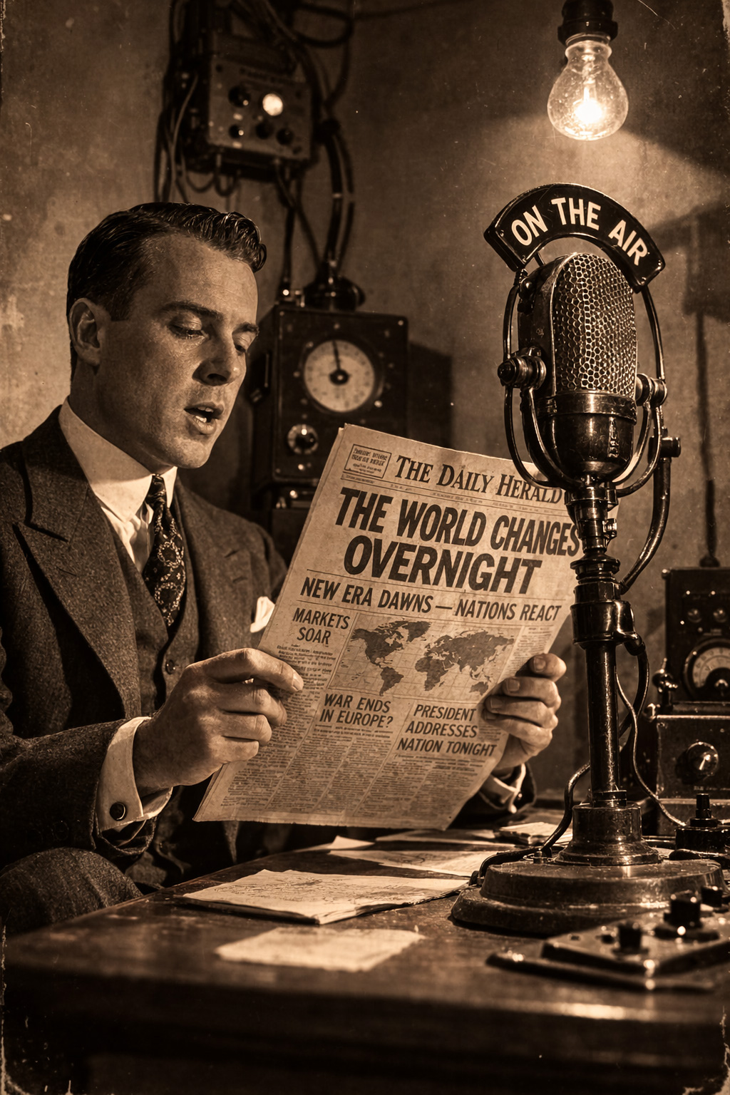 A radio announcer holding a broadsheet newspaper up to the microphone, 1925.