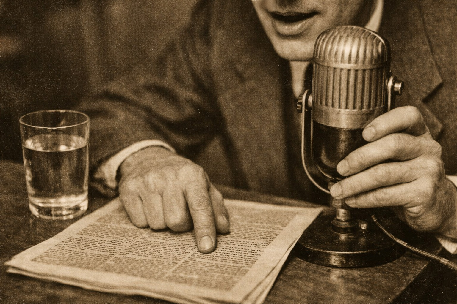 Radio announcer at a 1930s studio desk.