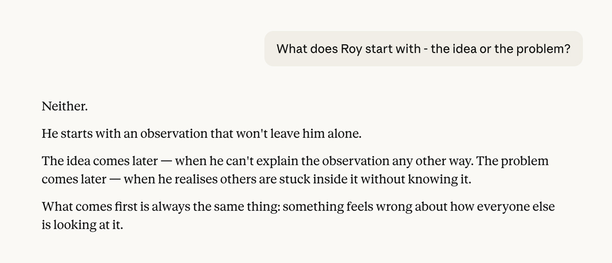 What does Roy start with - the idea or the problem?